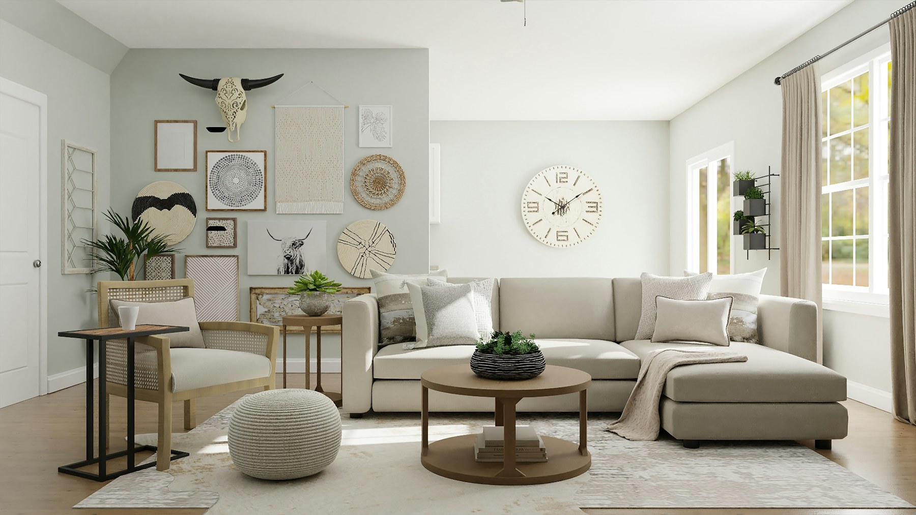 A cream living room with woven textures